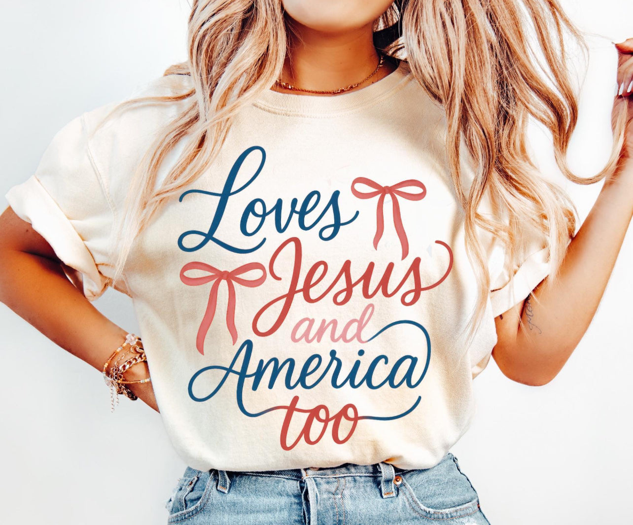 Loves Jesus and America Bow Tee