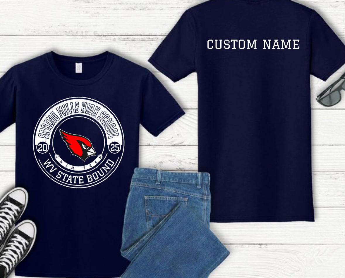 Spring Mills High School Swim Team with Cardinal Mascot in Middle Shirt