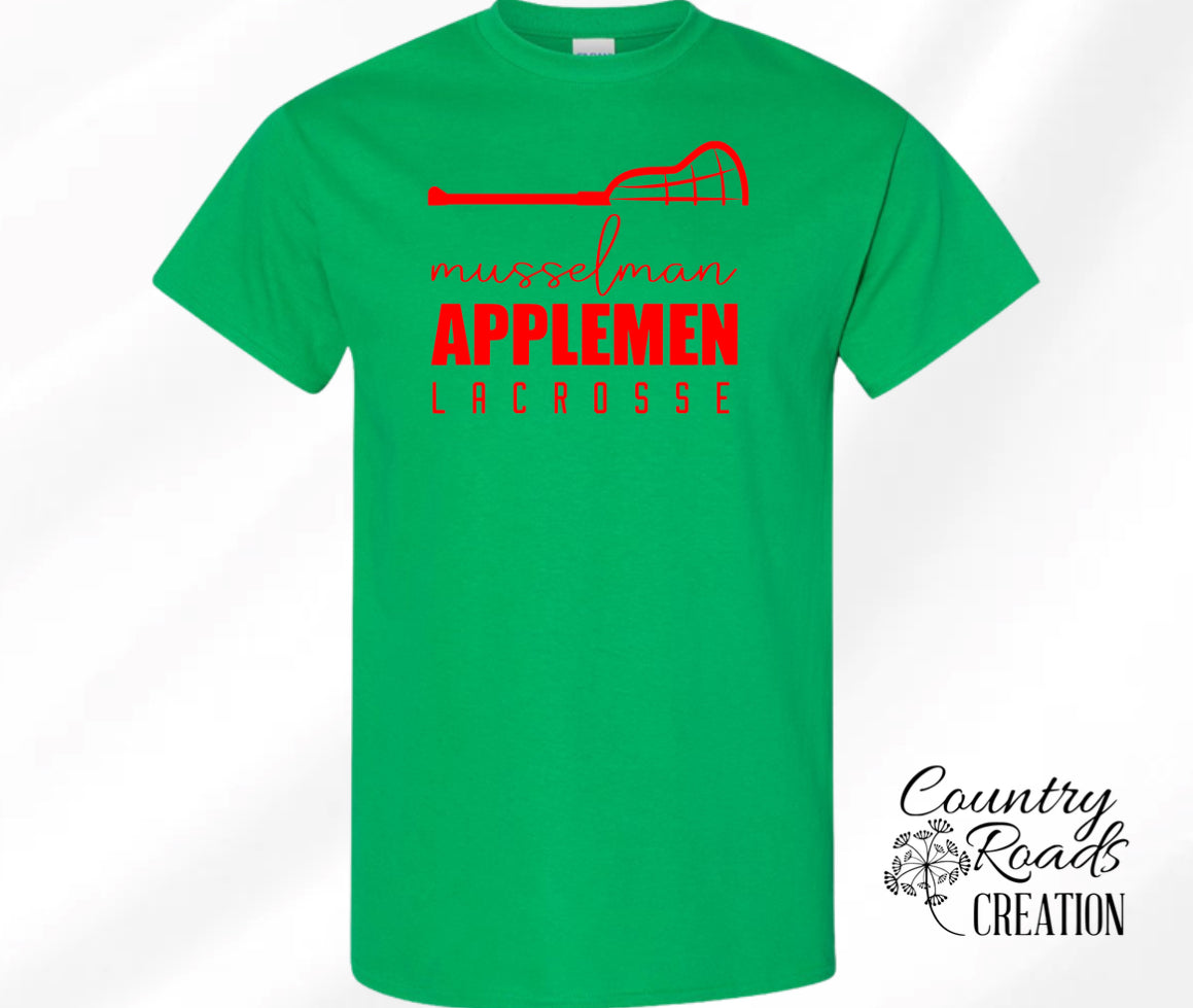 Musselman Lacrosse with Cursive and Half Stick Design  Shirt