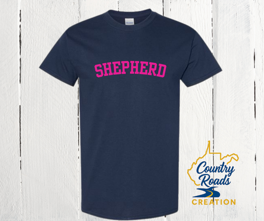 Shepherd Arch Tee – Navy with Hot Pink